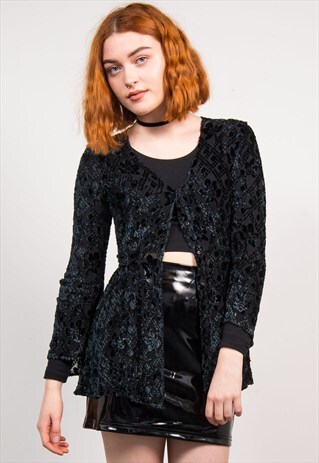 VINTAGE 90'S BLACK VELVET MESH PATTERNED CARDIGAN