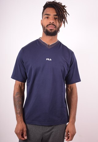 FILA MENS VINTAGE T-SHIRT TOP LARGE NAVY BLUE 90S