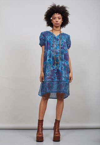 INDIGO AND PURPLE VINTAGE 70'S FLORAL INDIAN BOHO DRESS