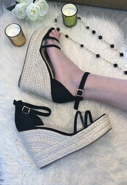 Black Faux Suede & Acrylic Wedge Sandals