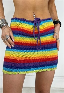 Vintage Y2k Skirt Crochet Rainbow Knitted Handmade Festival
