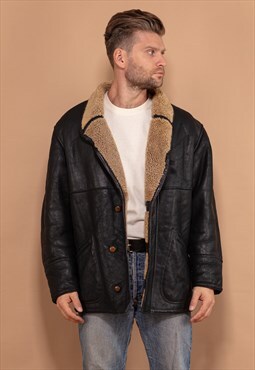Vintage 80's Men Sheepskin Flight Jacket in Black