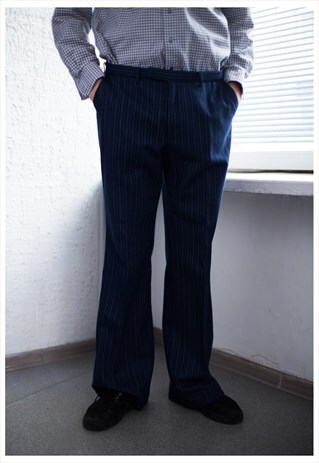 VINTAGE 70'S NAVY STRIPED STRAIGHT WOOL TROUSERS