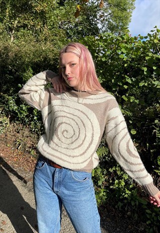 VINTAGE 1970S SWIRL KNITTED ABSTRACT PATTERNED JUMPER