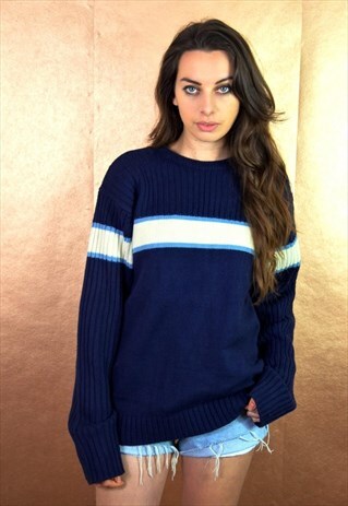 90S VINTAGE LE SHARC NAVY BLUE STRIPED KNIT JUMPER