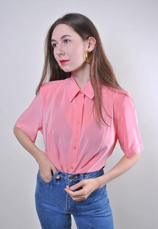 WOMAN VINTAGE PINK SHORT SLEEVE FORMAL BLOUSE FOR WORK