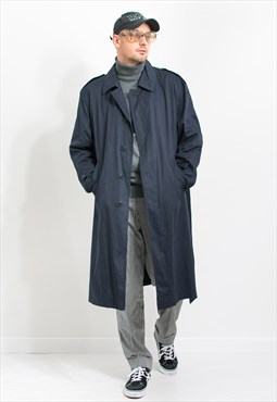 Vintage 90's insulated trench coat in navy blue belted men L