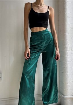 Satin Wide Leg Trousers High Waisted Turquoise Blue Summer