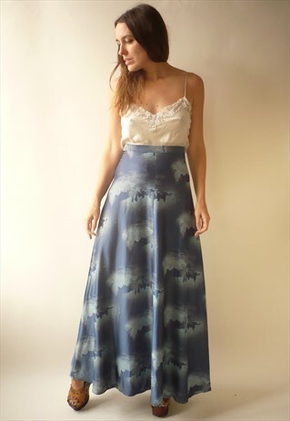 1970'S VINTAGE BLUE NOVELTY BOAT PRINT MAXI SKIRT