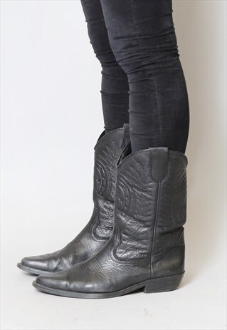 VINTAGE 1970'S MATT BLACK LEATHER WESTERN BOOTS
