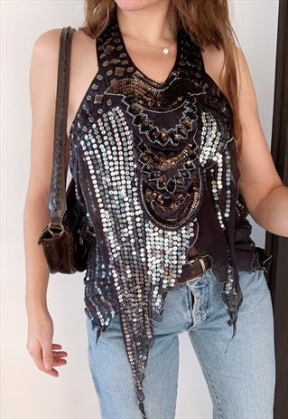 VINTAGE Y2K 00S MUNTHE PLUS SIMONDSEN SEQUINNED TOP BLOUSE