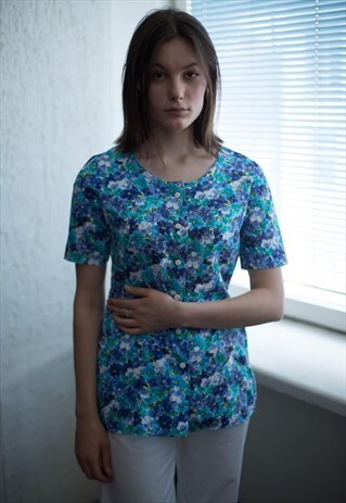 VINTAGE 80'S BLUE FLOWER PATTERNED BLOUSE