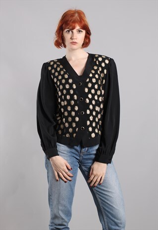 VINTAGE 80S GOLD METALLIC POLKA DOT BUTTON BLOUSE TOP
