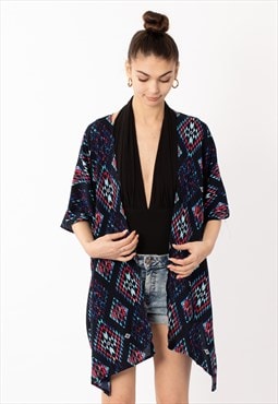 Short Sleeve Kimono in Blue Aztec Tile Print