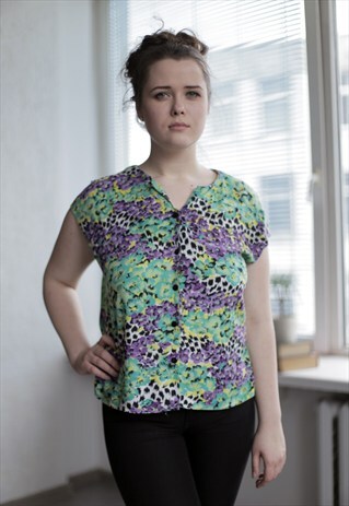 VINTAGE 80'S MULTICOLOR FLOWER PRINT SLEEVELESS BLOUSE