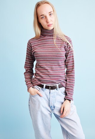 90'S RETRO STRIPED KNITTED TURTLENECK TEEN TOP BLOUSE