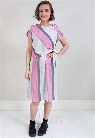 VINTAGE 80'S PINK AND GREY SPECKLED TIE WAIST DRESS
