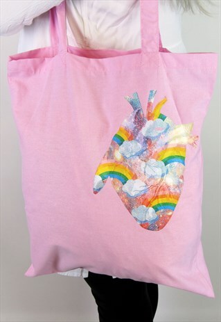 VALENTINES UNICORN RAINBOW HEART PINK TOTE BAG