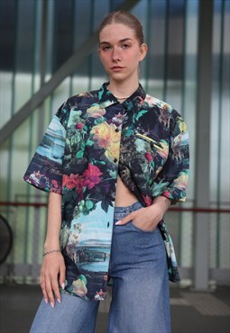 Vintage 90's Oversize Floral Pattern Festival Shirt Short Sl