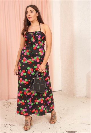 VINTAGE 70S MAXI DRESS IN BLACK FLORAL PRINT