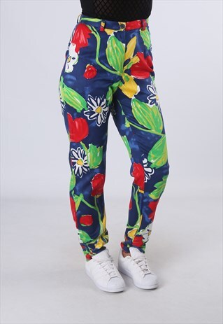 HIGH WAISTED TROUSERS FLORAL PRINT TAPERED LEG UK 10 (DW4H)