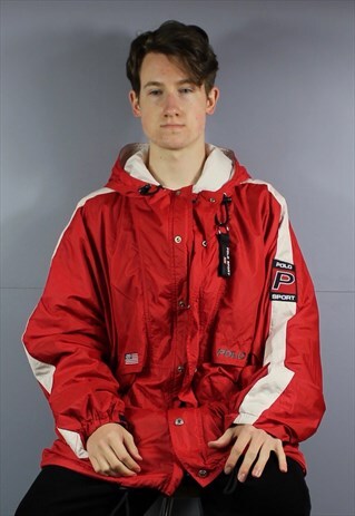 VINTAGE POLO SPORT HOODED WINDBREAKER JACKET IN RED AND WHIT