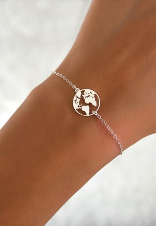 JET STERLING SILVER BRACELET SMALL WORLD MAP EARTH CHARM