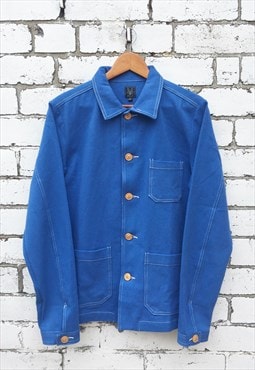 60s French Cobalt Blue Cotton Chore Workwear Jacket 