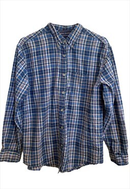 Vintage 90s Shirt Plaid Western Blue Beige Plaid Check Print