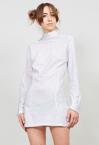 VINTAGE SILVER HIGH NECK MINI 60'S SKATER DRESS