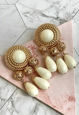 90s Cream Beaded Earrings Statement Vintage Jewellery 