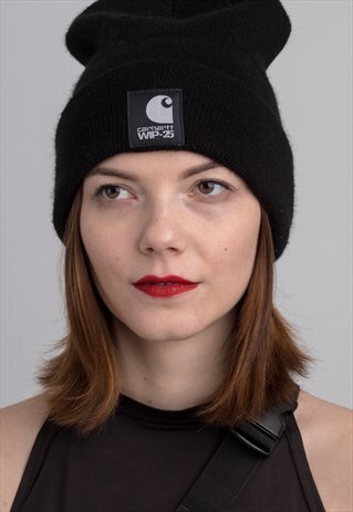 CARHARTT BLACK COTTON EMBROIDERED BEANIE