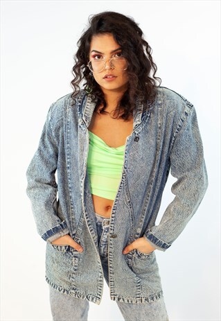 VINTAGE 80S DENIM JACKET BLUE ACID WASH BLAZER FESTIVAL