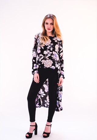 FLORAL PRINT SWING DIP HEM SHIRT TOP