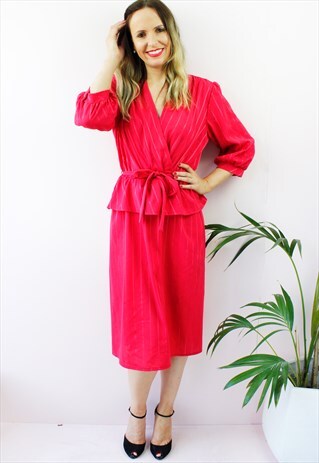 VINTAGE 80'S RED PEPLUM FRILL MIDI DRESS