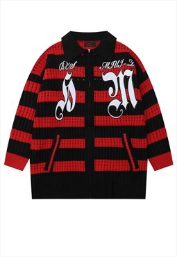 Grunge stripe sweater ripped jumper distressed top red black