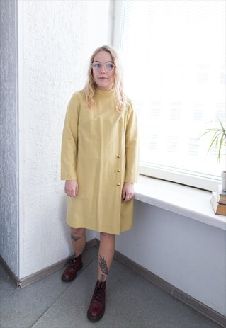 VINTAGE 80'S YELLOW WASHED MIDI LONG SLEEVED DRESS