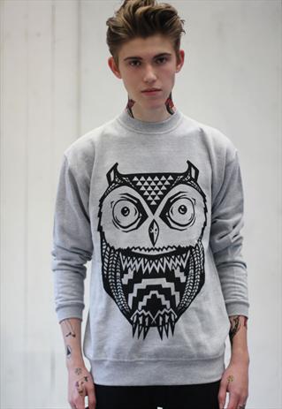 ART DISCO 'AZTEC OWL' HAND PRINTED SWEATSHIRT IN GREY