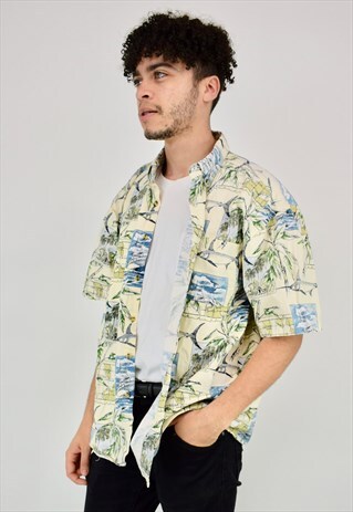 VINTAGE 90'S CREAM FESTIVAL SHIRT WITH MAPS, BOATS & FISH
