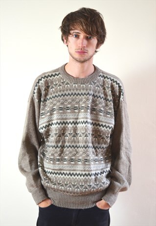 80S VINTAGE BROWN PATTERN KNIT JUMPER