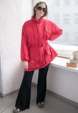 Vintage 70's Bright Red Shimmering Satin Parka Coat