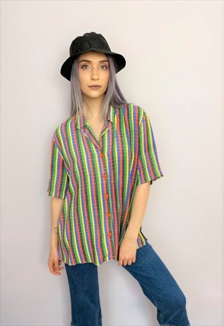 90S VINTAGE COLOURFUL STRIPED CHECKED WOMEN SHIRT BLOUSE