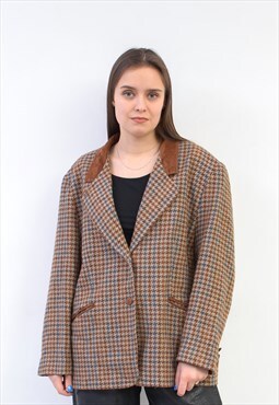 Vintage Women's L XL Houndstooth Tweed Blazer Plaid Wool