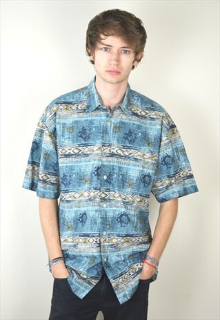 80S VINTAGE BLUE ABSTRACT PRINT SURFER SHORT SLEEVE SHIRT
