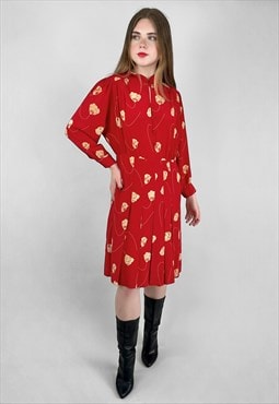 70's Red Cream Floral Ladies Long Sleeve Dress