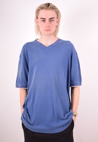 TOMMY HILFIGER MENS VINTAGE T-SHIRT TOP LARGE BLUE 90S