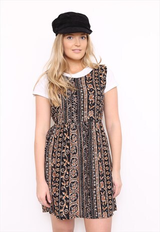 VINTAGE 90S BROWN BOHO PRINT MINI DRESS