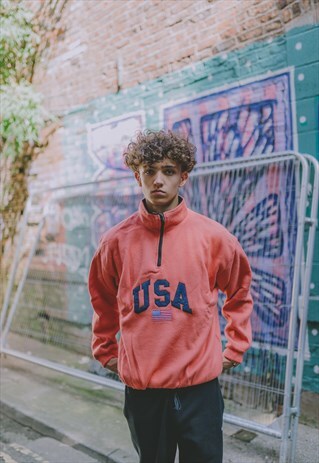 ORANGE USA EMBROIDERED SPELL OUT HALF ZIP FLEECE