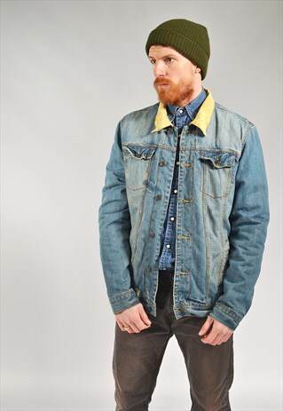 VINTAGE MID BLUE CORDUROY COLLARED LINED DENIM JACKET