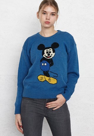 VINTAGE BLUE MICKY MOUSE ROUND NECK KNIT WOOL JUMPER SWEATER